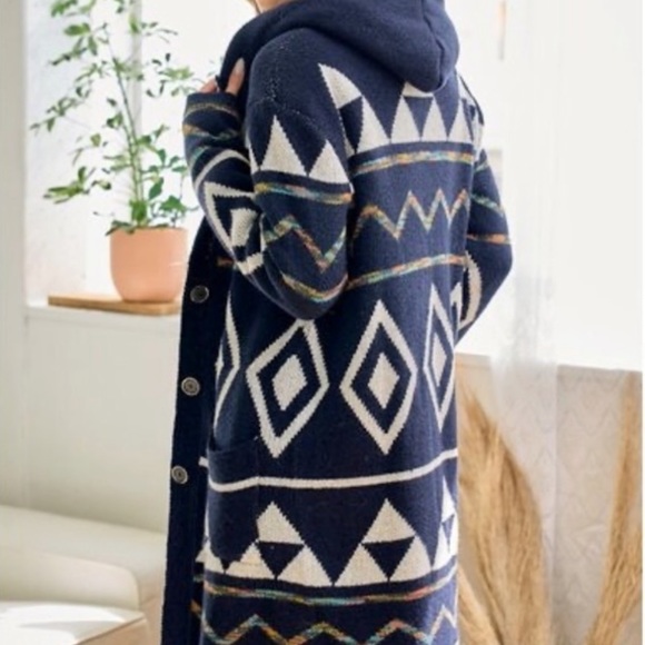 Navy Blue Aztec fringe Cardigan Sherpa Lined - Picture 4 of 5